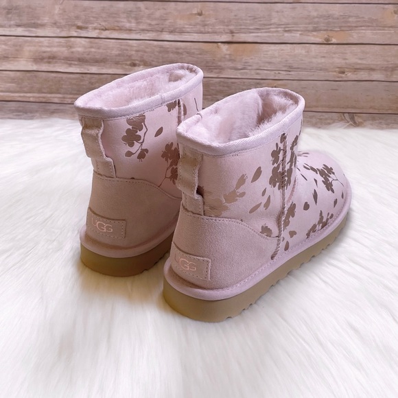 UGG Classic Mini Floral Foil Seashell Pink Boots - Picture 5 of 10